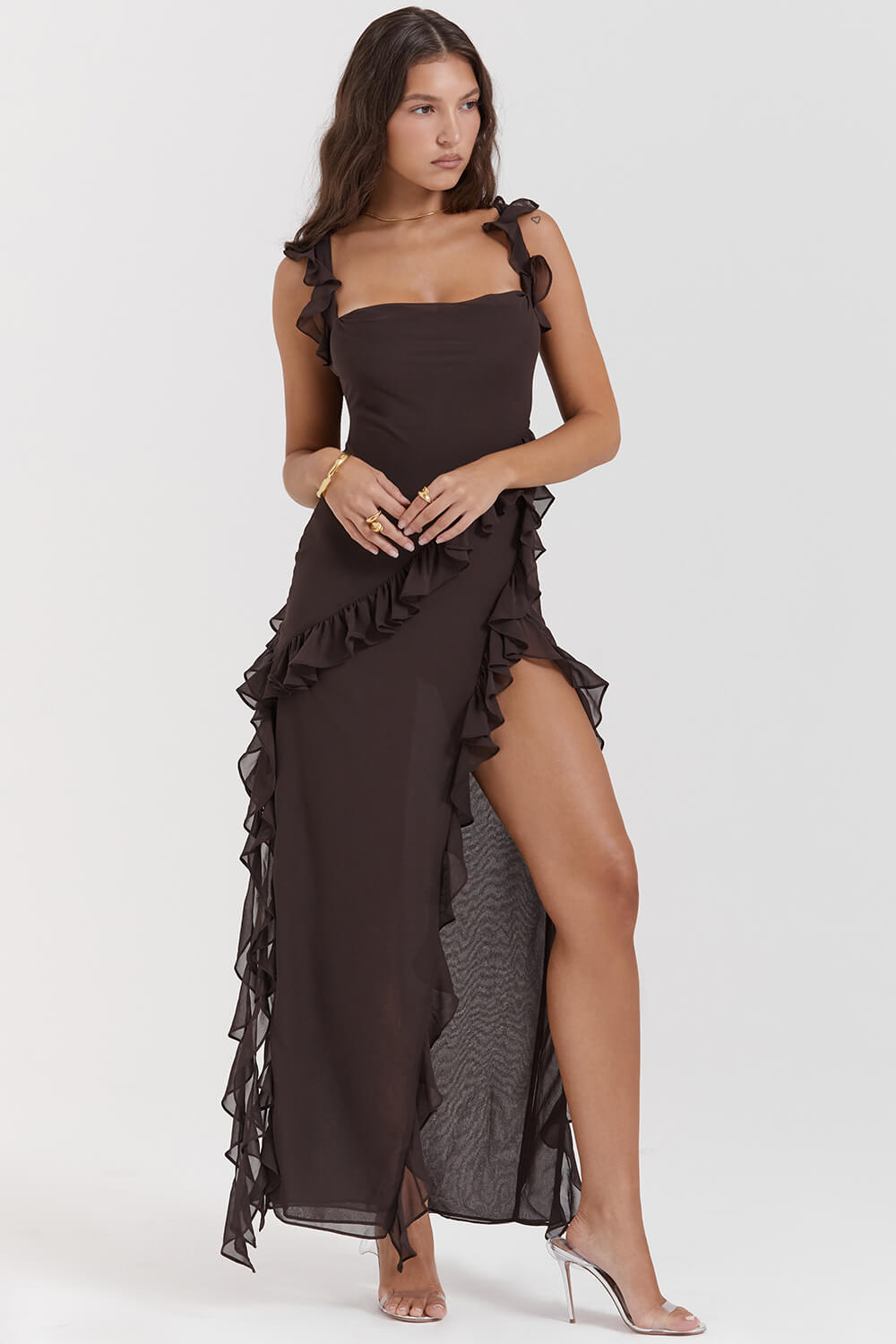 Espresso ruffle maxi dress