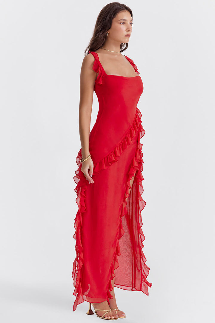 Red ruffle maxi dress