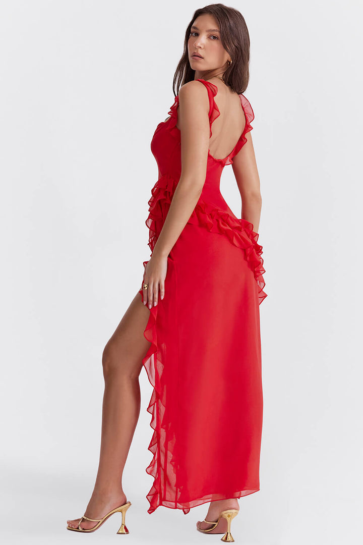 Red ruffle maxi dress