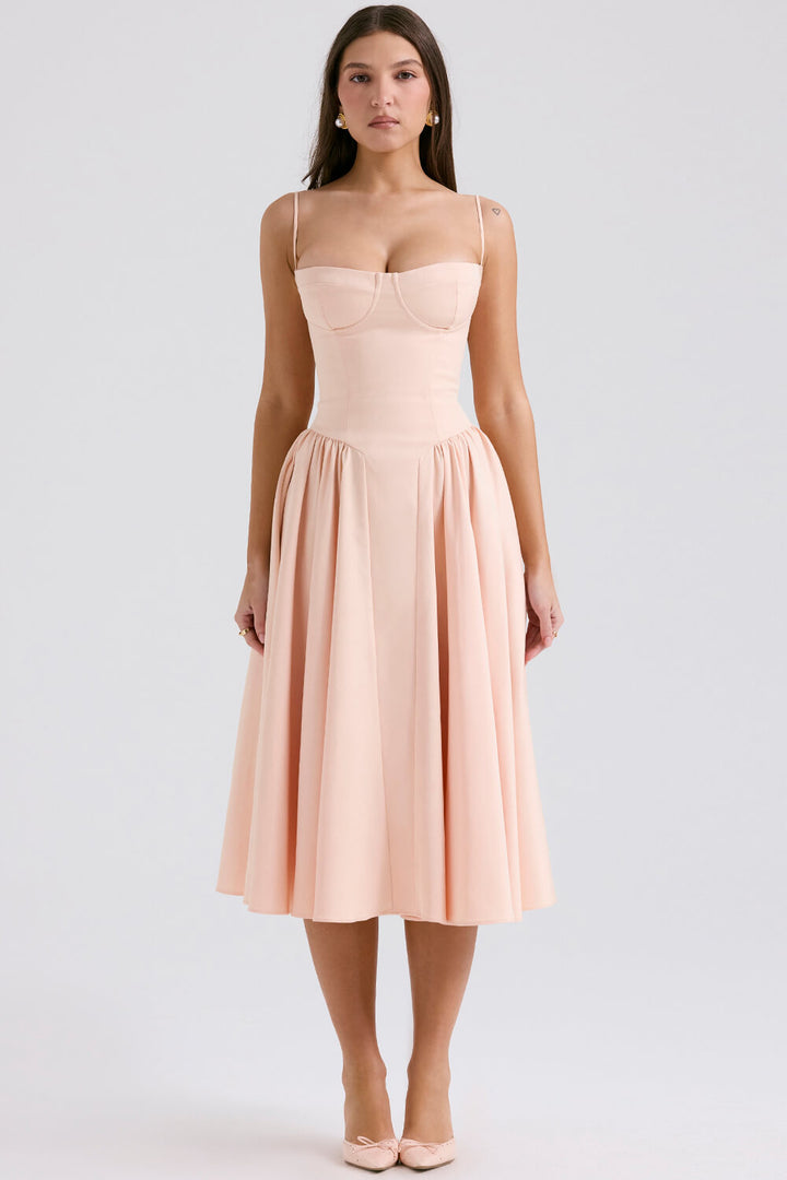 Peach parfait twill corset midi dress