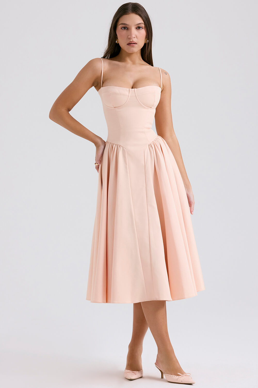 Peach parfait twill corset midi dress