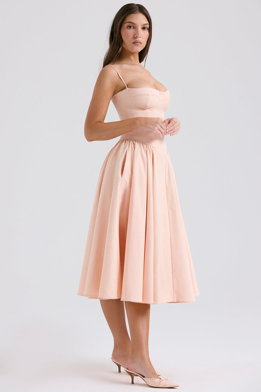 Peach parfait twill corset midi dress