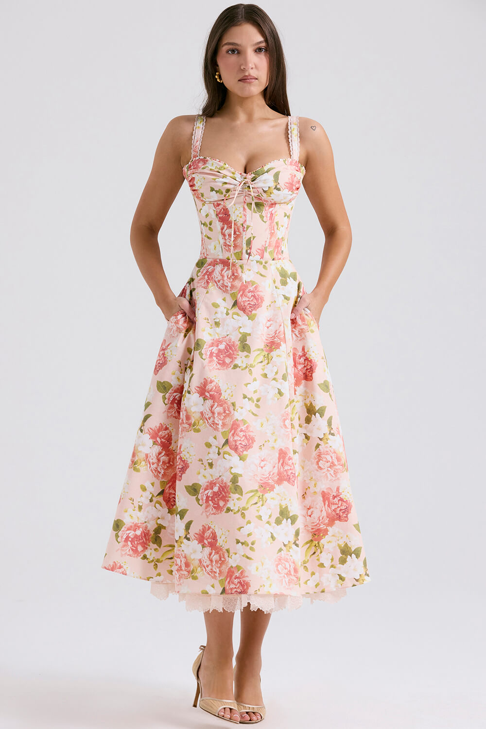 Pink peony print cotton bustier sundress