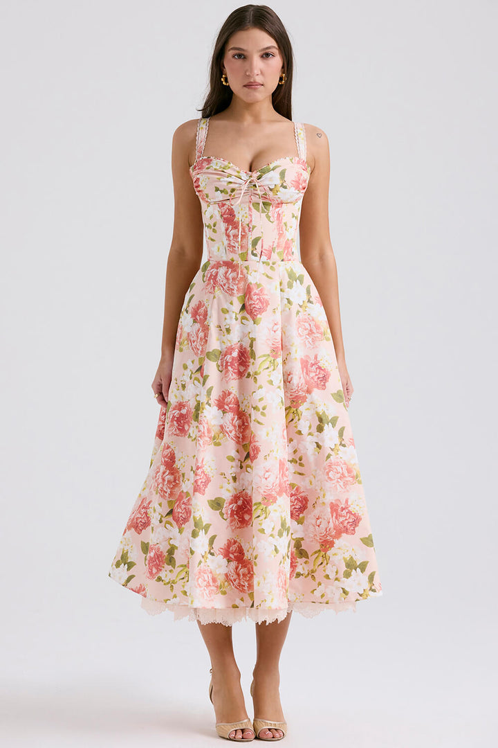 Pink peony print cotton bustier sundress